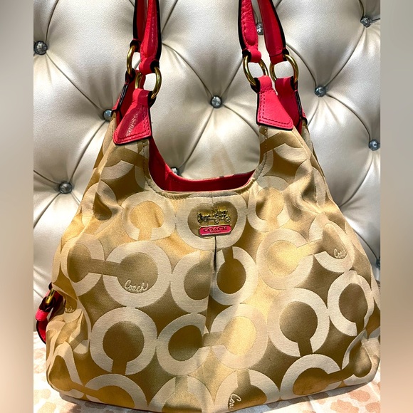 Coach gold shimmery bag with coral 🪸 pink straps - Picture 1 of 10
